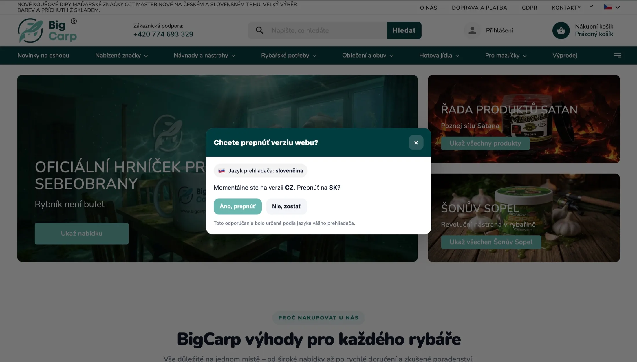 Ponuka prepnutia z českej na slovenskú verziu v e-shope bigcarp.cz