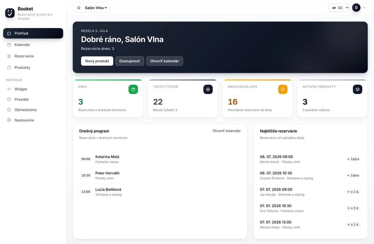 Dashboard rezervačného systému Booket