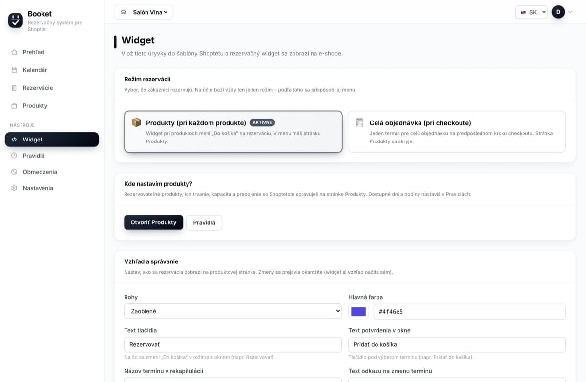 Rezervačný widget Booket v Shoptet e-shope