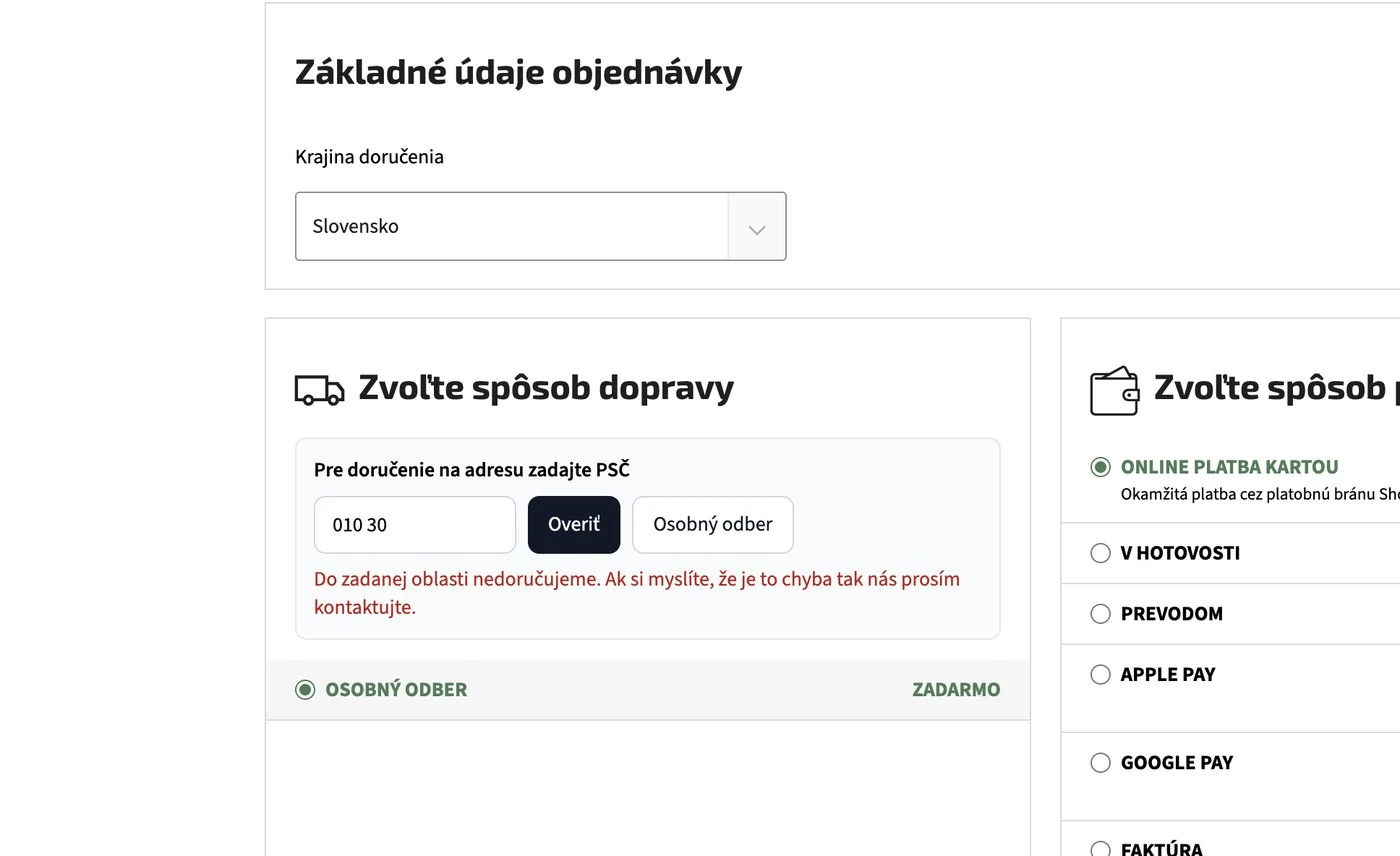 Kontrola rozvozovej oblasti podľa PSČ v e-shope boxnito.sk