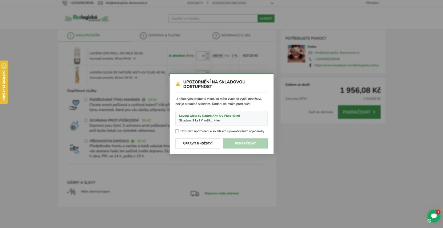 Upozornenie na skladovú dostupnosť v košíku ekologicka-domacnost.cz