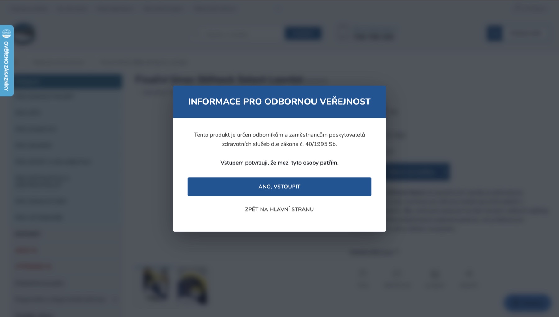Popup na overenie odbornej verejnosti v e-shope emedik.cz