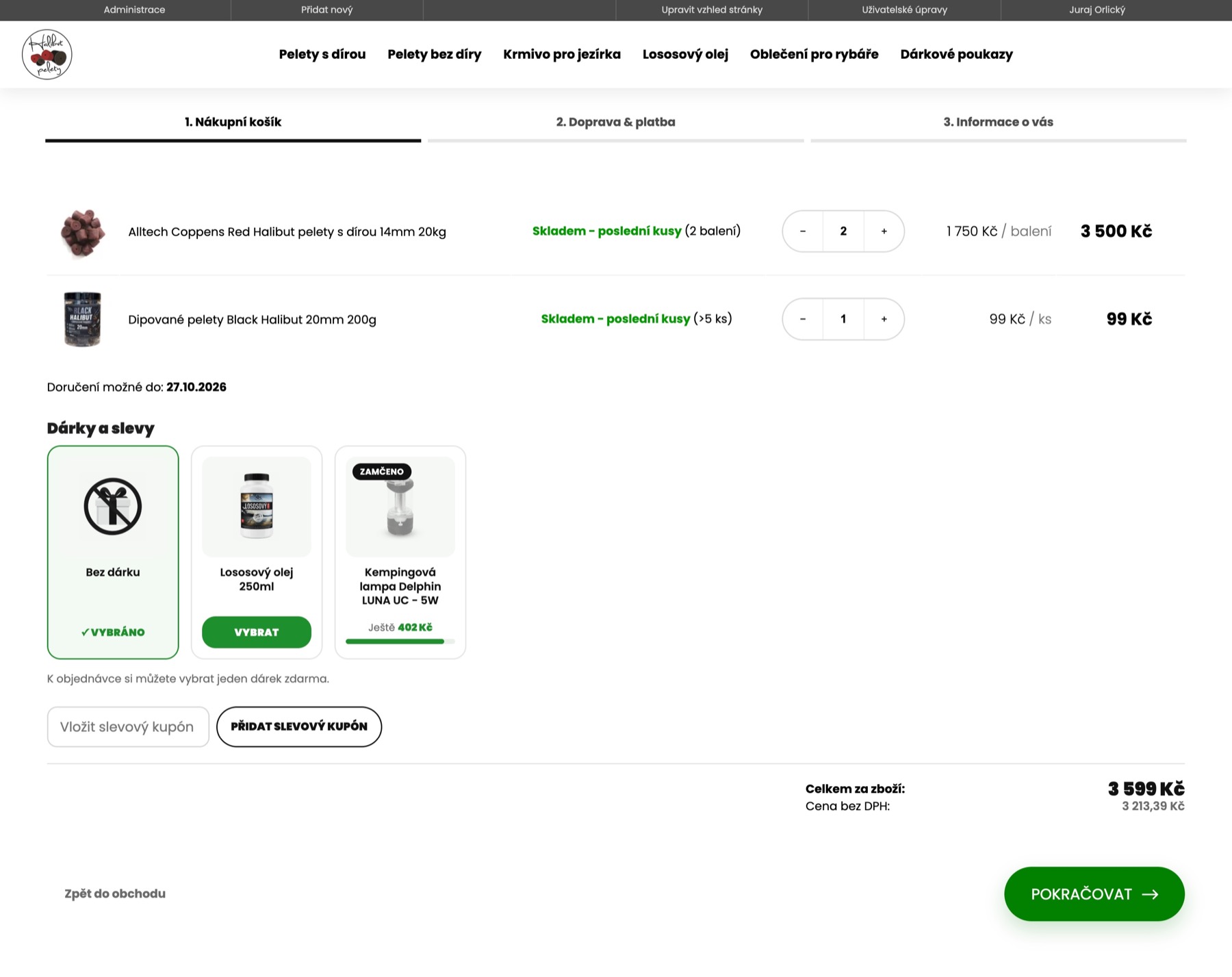 Košík halibutpelety.cz so všetkými darčekmi, dostupným výberom a chýbajúcou sumou pri zamknutej odmene