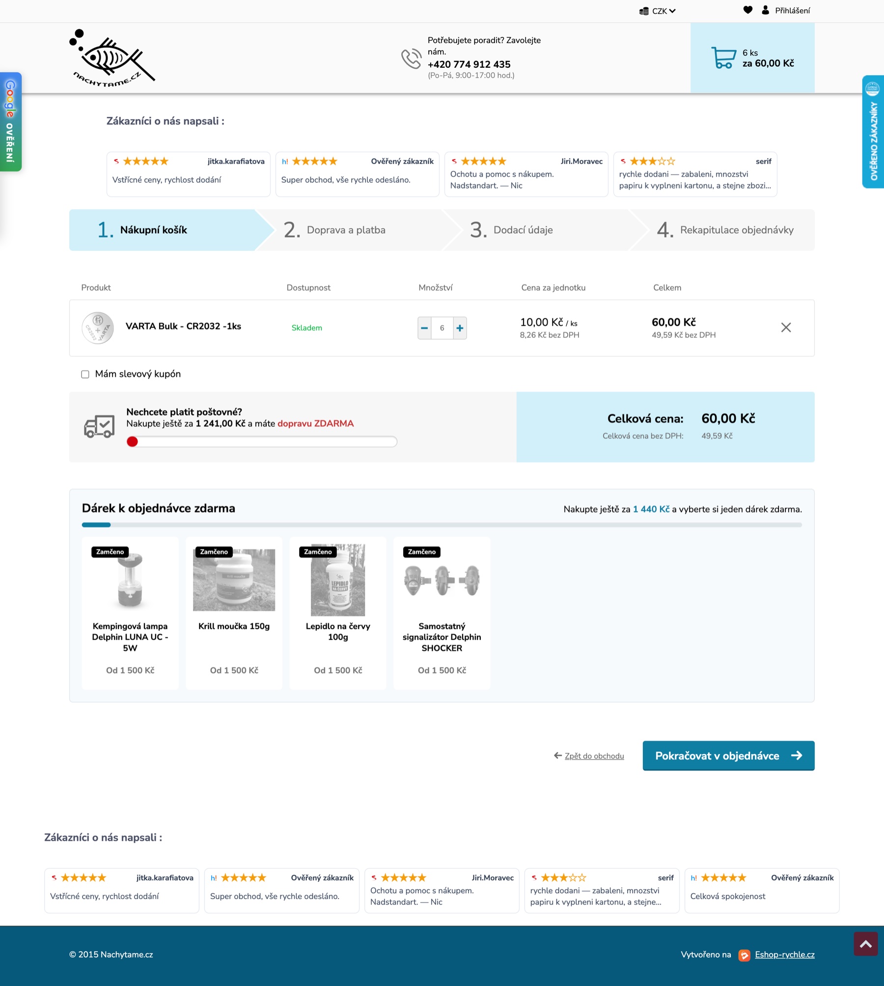 Košík nachytame.cz na Eshop-rychlo s prehľadom zamknutých darčekov, podmienkou získania a chýbajúcou sumou