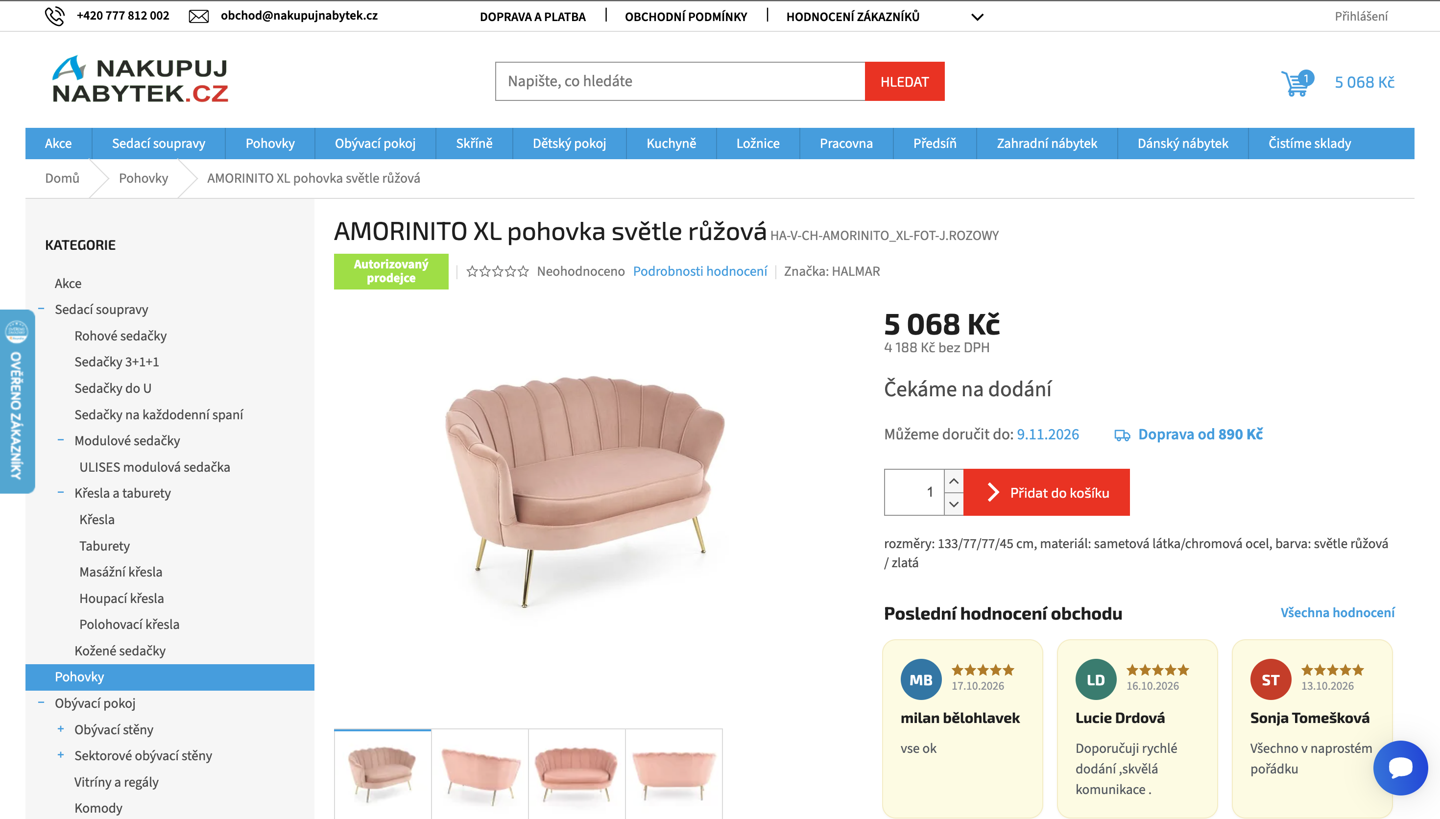 Produktový detail nakupujnabytek.cz s dátumom dodania, cenou dopravy a hodnoteniami