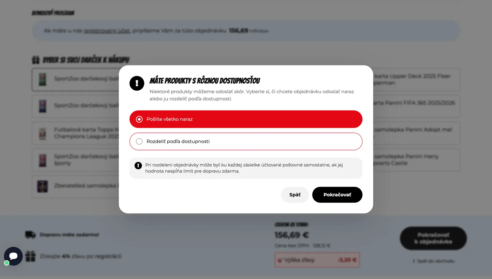 Ponuka odoslať objednávku naraz v e-shope nekonecno.sk