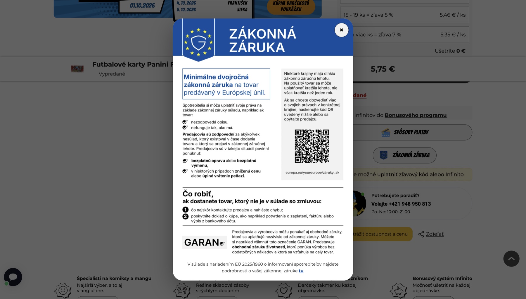 Popup so zákonnou zárukou a vysvetlením doživotnej záruky GARAN v e-shope nekonecno.sk